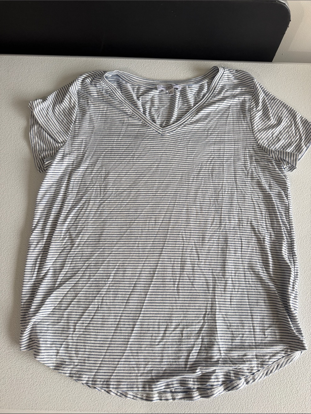 Green Envelope Short Sleeve V-Neck Tee - Blue & White Stripes